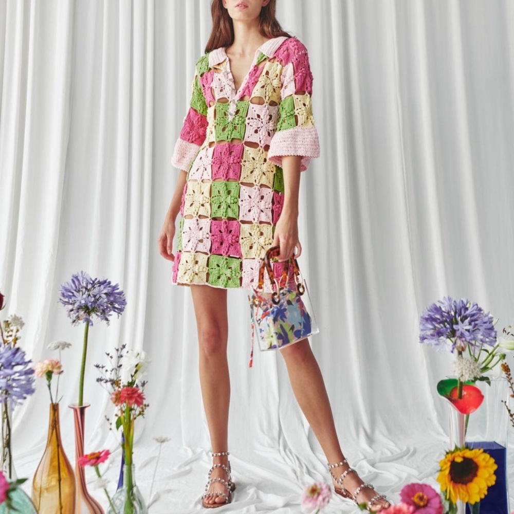 CeliaB Dress Celia B Folke Crochet Patchwork Granny Square Mini Sz S